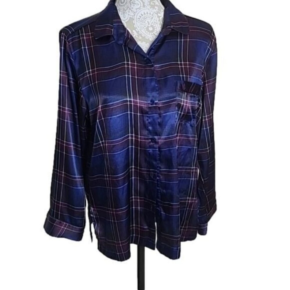 Victoria's Secret PJ Top Blue & Red plaid long sleeve silky pajama top Medium